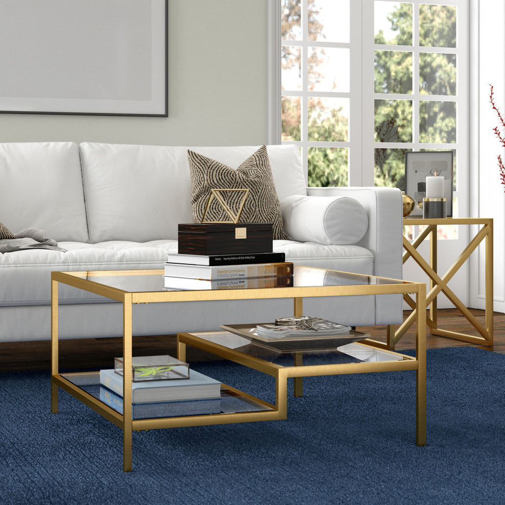 Gold Glass And Steel Square Coffee Table With Two Shelves By Homeroots | Coffee Tables | Modishstore - 8