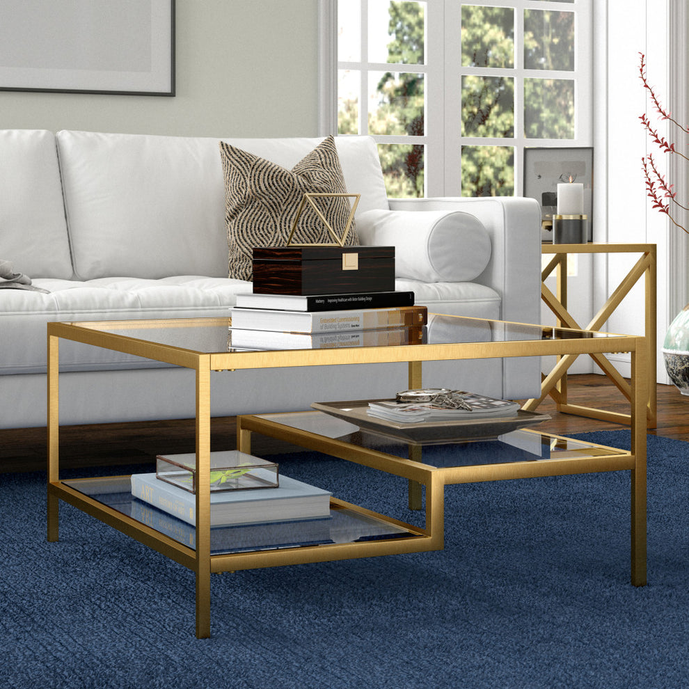 Gold Glass And Steel Square Coffee Table With Two Shelves By Homeroots | Coffee Tables | Modishstore - 6