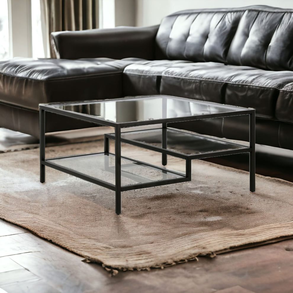 Black Glass And Steel Square Coffee Table With Two Shelves By Homeroots | Coffee Tables | Modishstore - 2