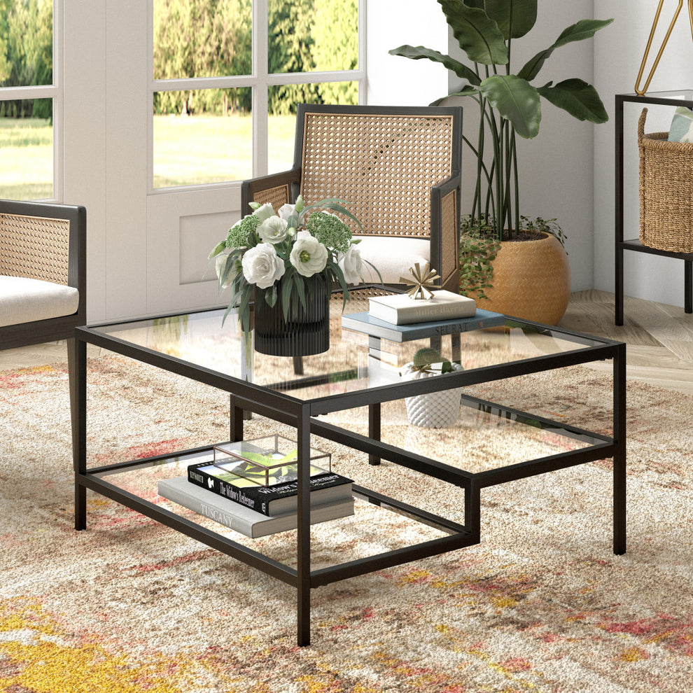 Black Glass And Steel Square Coffee Table With Two Shelves By Homeroots | Coffee Tables | Modishstore - 5