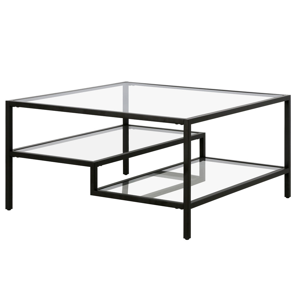 Black Glass And Steel Square Coffee Table With Two Shelves By Homeroots | Coffee Tables | Modishstore - 4