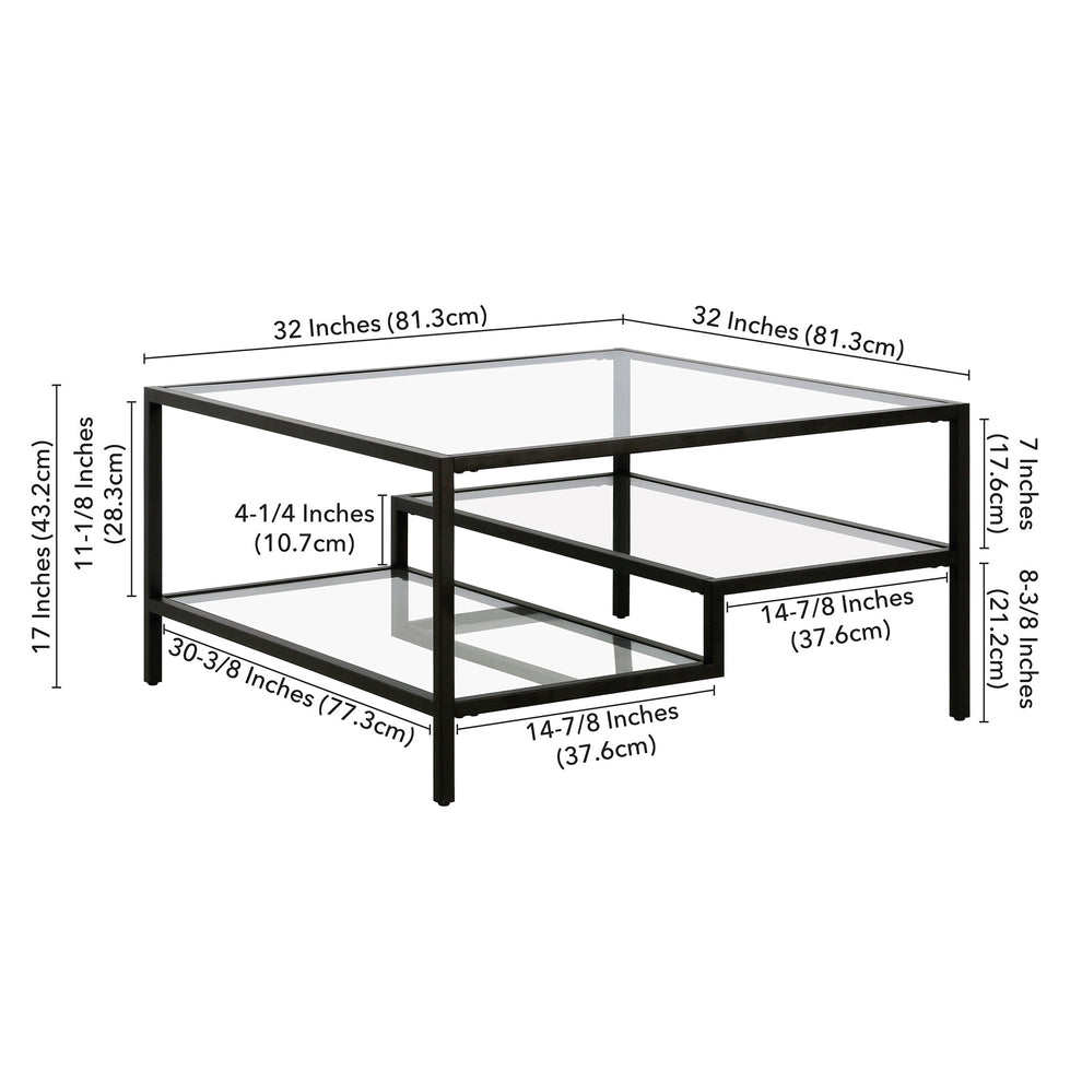 Black Glass And Steel Square Coffee Table With Two Shelves By Homeroots | Coffee Tables | Modishstore - 7