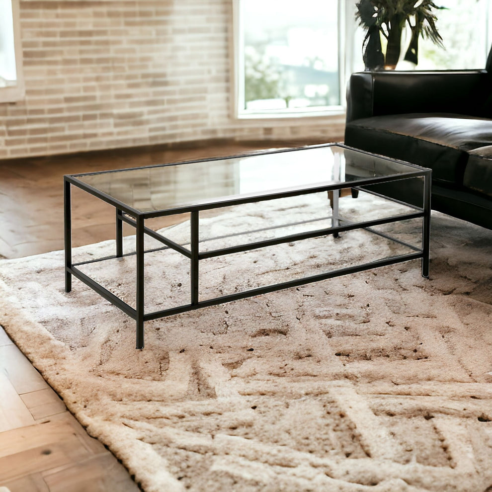 Black Glass And Steel Coffee Table With Two Shelves By Homeroots | Coffee Tables | Modishstore - 2