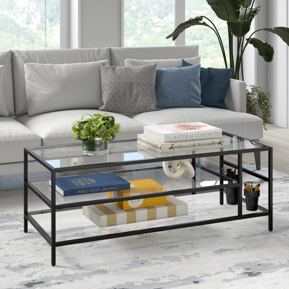 Black Glass And Steel Coffee Table With Two Shelves By Homeroots | Coffee Tables | Modishstore - 8