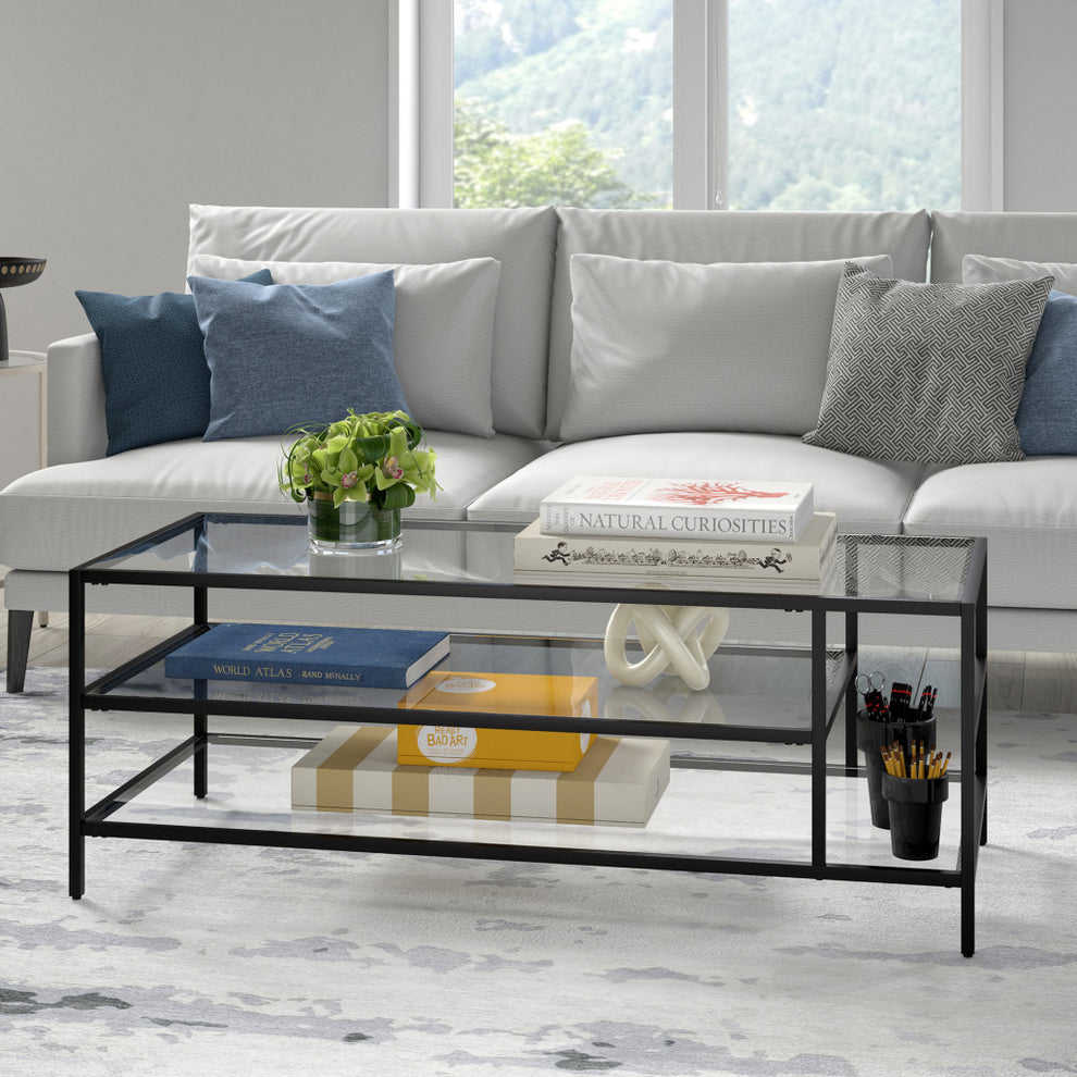 Black Glass And Steel Coffee Table With Two Shelves By Homeroots | Coffee Tables | Modishstore - 7