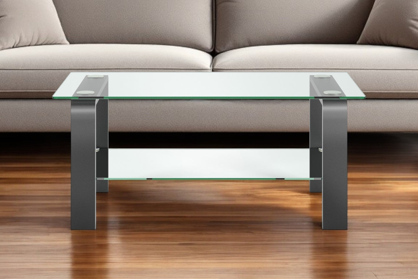 Gray Glass And Steel Coffee Table With Shelf By Homeroots | Coffee Tables | Modishstore - 1