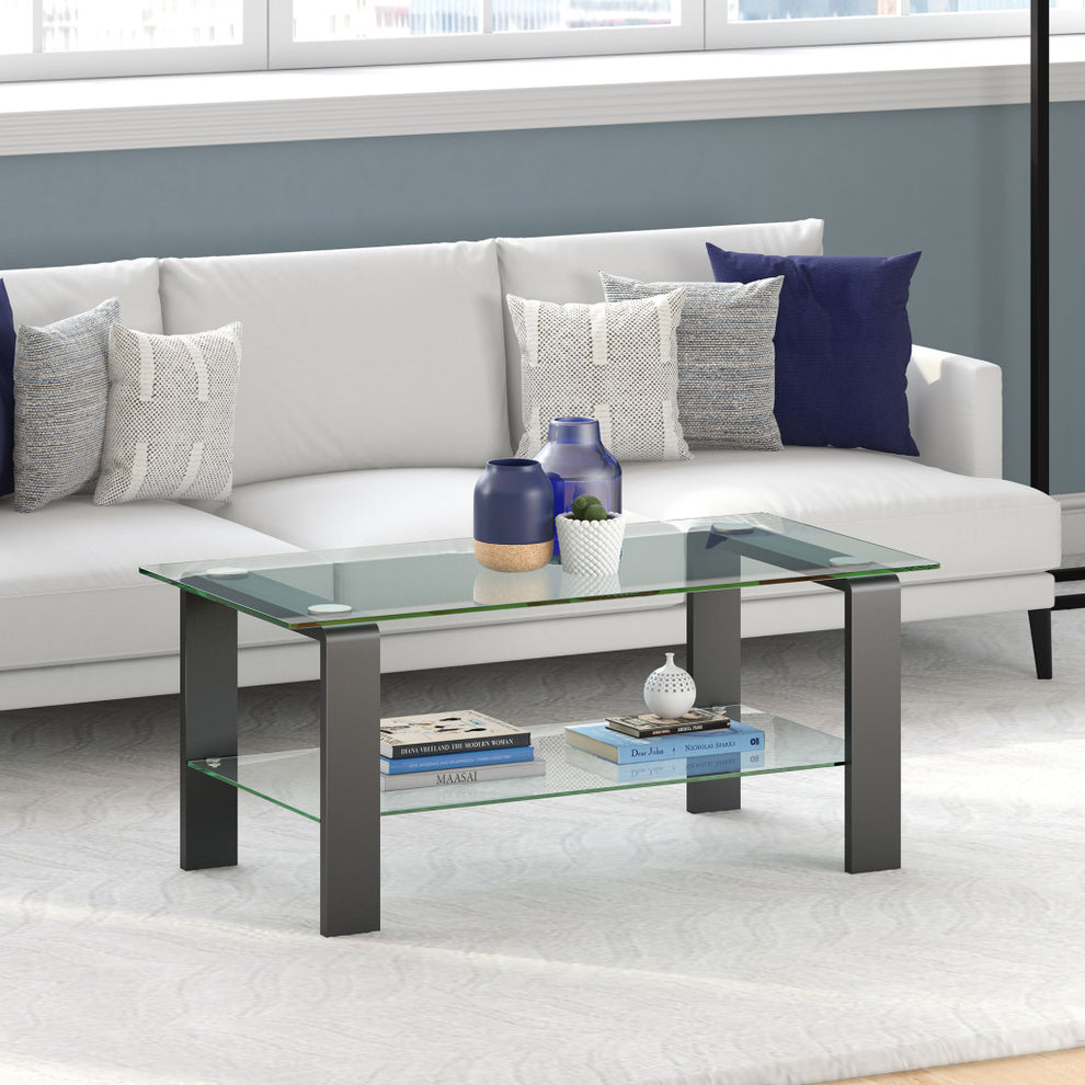 Gray Glass And Steel Coffee Table With Shelf By Homeroots | Coffee Tables | Modishstore - 5