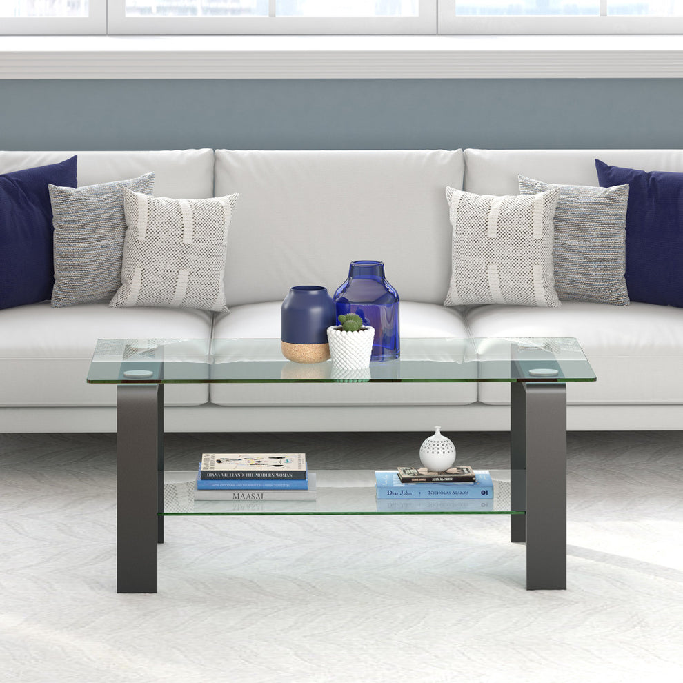 Gray Glass And Steel Coffee Table With Shelf By Homeroots | Coffee Tables | Modishstore - 8