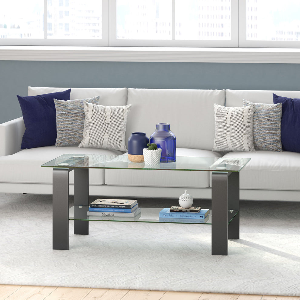 Gray Glass And Steel Coffee Table With Shelf By Homeroots | Coffee Tables | Modishstore - 6