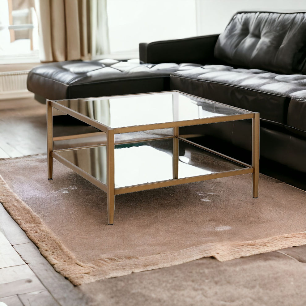 Gold Glass And Steel Square Coffee Table With Shelf By Homeroots | Coffee Tables | Modishstore - 2