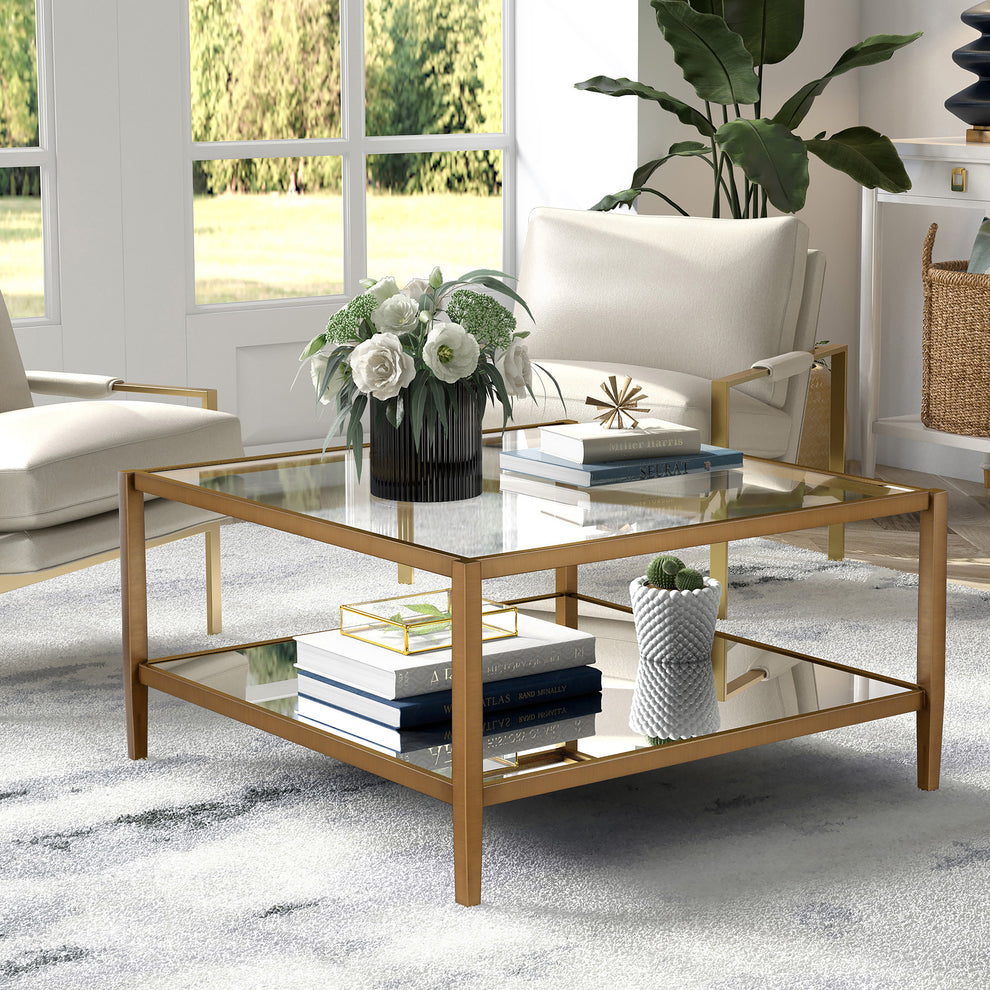 Gold Glass And Steel Square Coffee Table With Shelf By Homeroots | Coffee Tables | Modishstore - 5