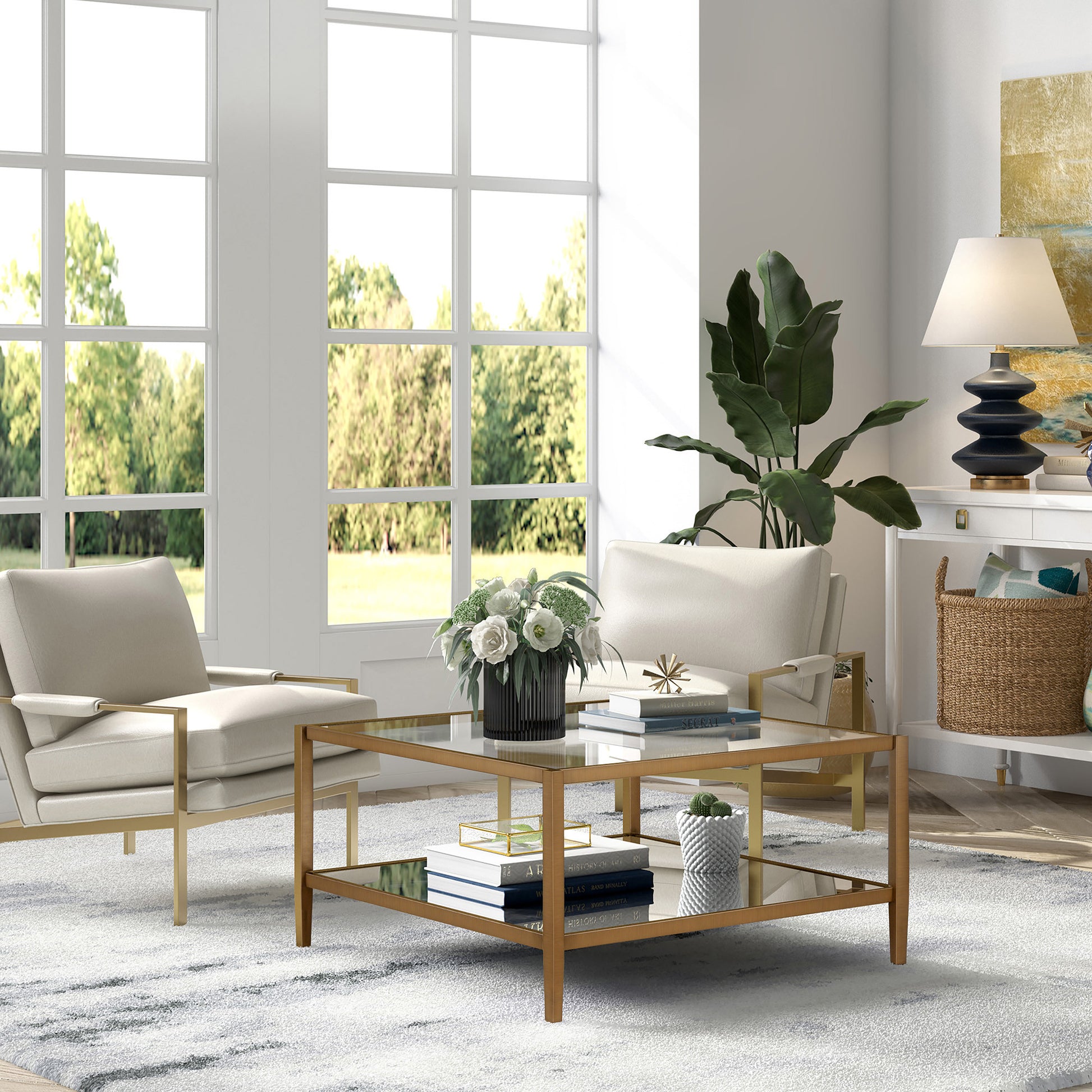 Gold Glass And Steel Square Coffee Table With Shelf By Homeroots | Coffee Tables | Modishstore - 8