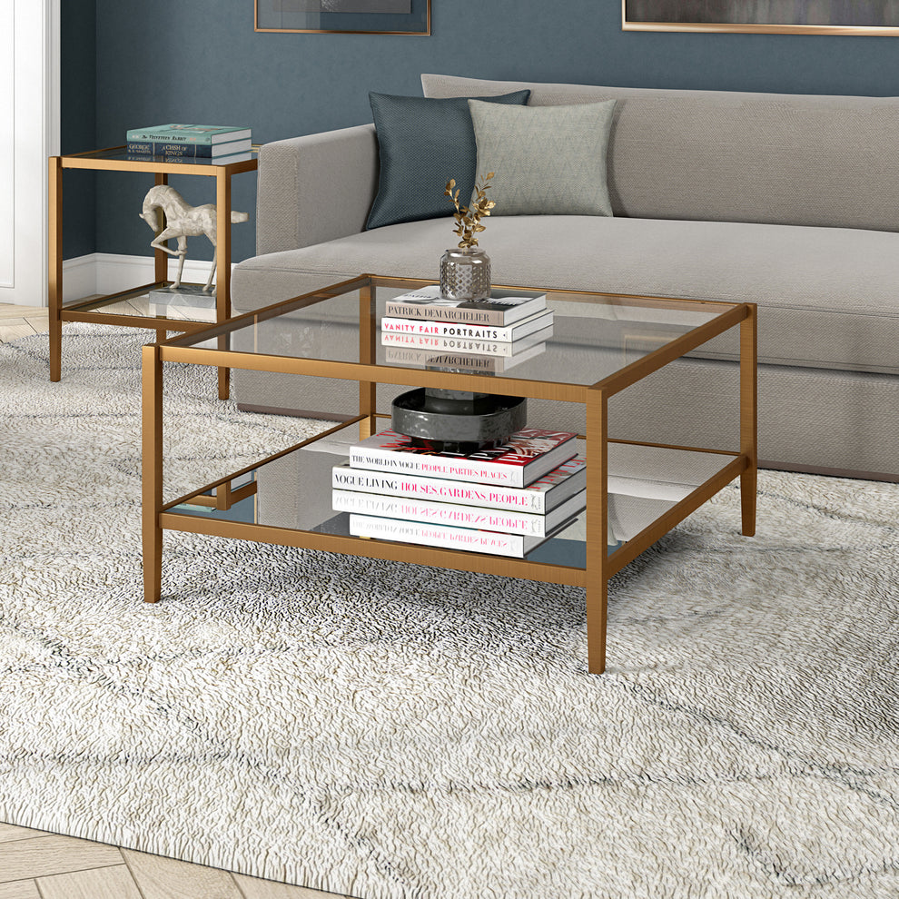 Gold Glass And Steel Square Coffee Table With Shelf By Homeroots | Coffee Tables | Modishstore - 6