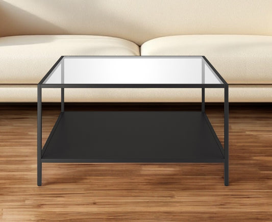 Black Glass And Steel Square Coffee Table With Shelf By Homeroots | Coffee Tables | Modishstore - 1