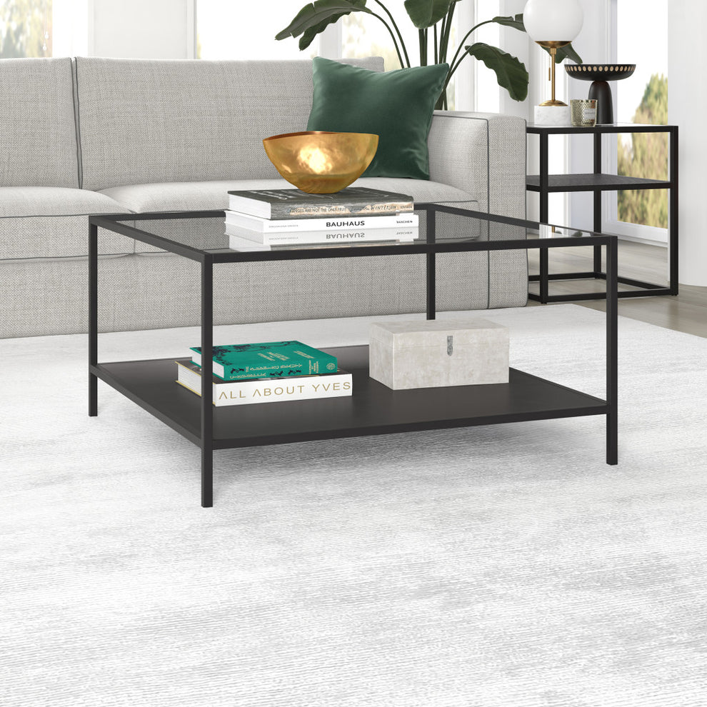 Black Glass And Steel Square Coffee Table With Shelf By Homeroots | Coffee Tables | Modishstore - 5