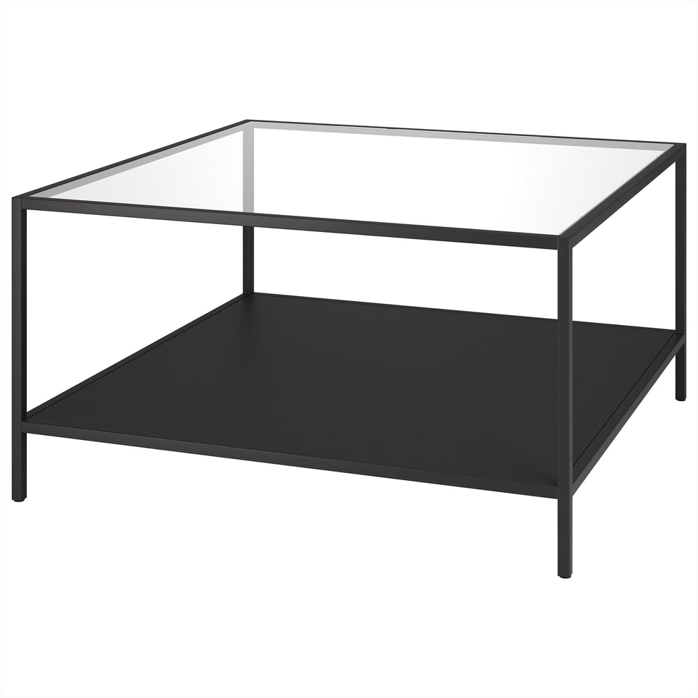 Black Glass And Steel Square Coffee Table With Shelf By Homeroots | Coffee Tables | Modishstore - 3