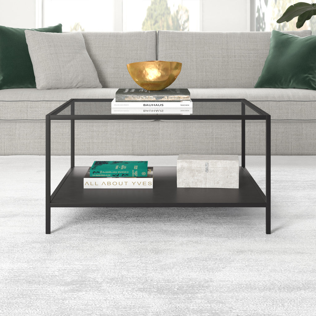 Black Glass And Steel Square Coffee Table With Shelf By Homeroots | Coffee Tables | Modishstore - 4