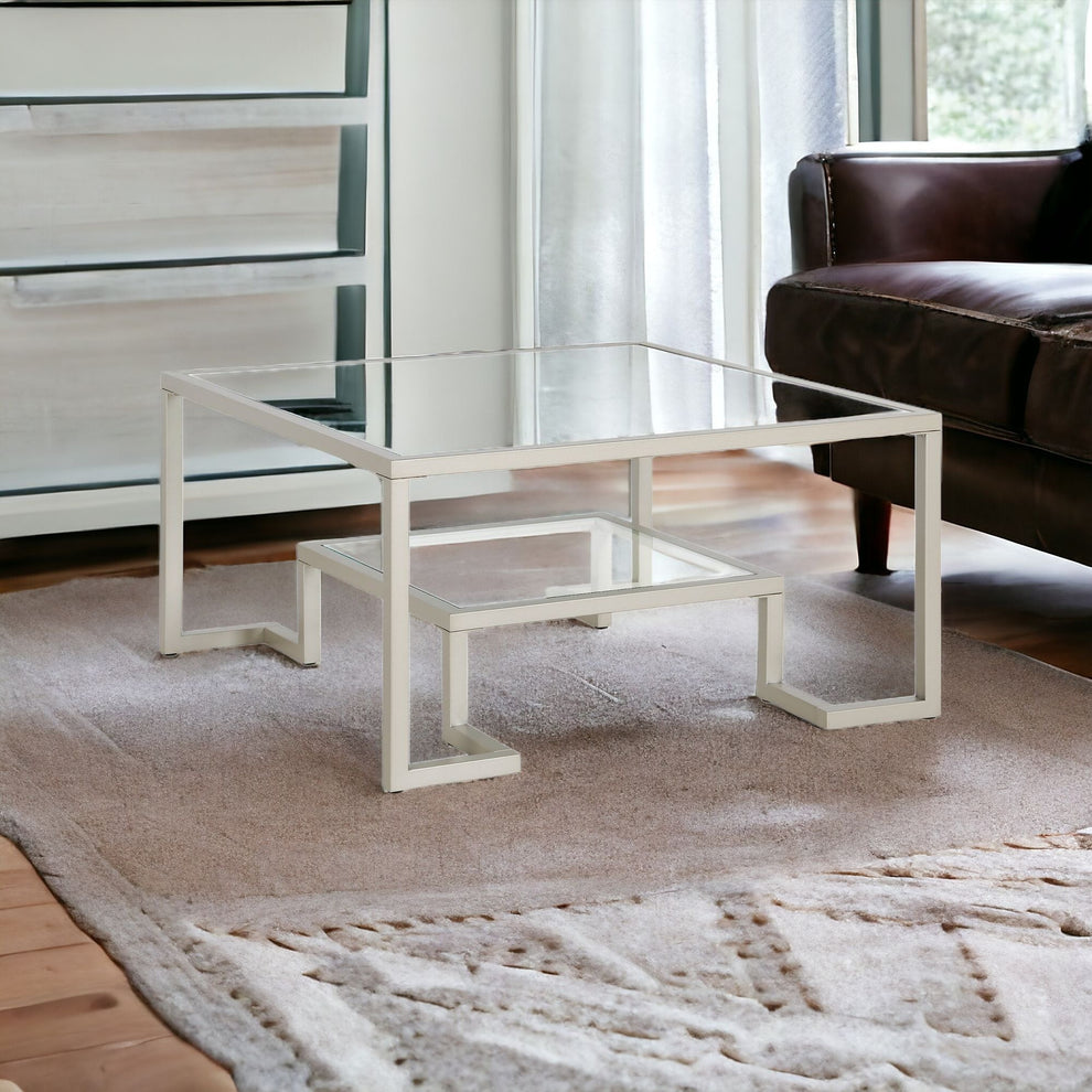 Silver Glass And Steel Square Coffee Table With Shelf By Homeroots | Coffee Tables | Modishstore - 7