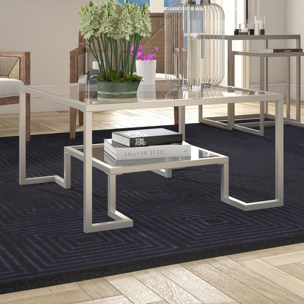 Silver Glass And Steel Square Coffee Table With Shelf By Homeroots | Coffee Tables | Modishstore - 4
