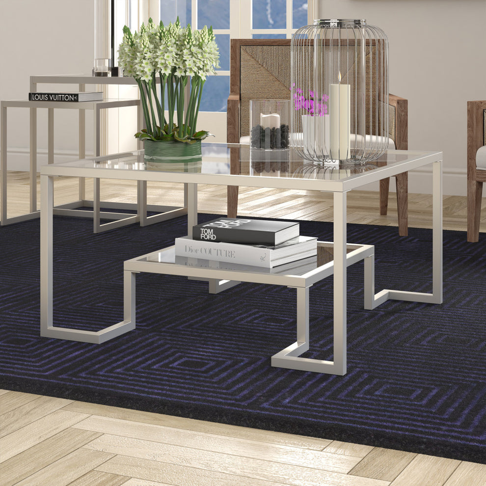 Silver Glass And Steel Square Coffee Table With Shelf By Homeroots | Coffee Tables | Modishstore - 6