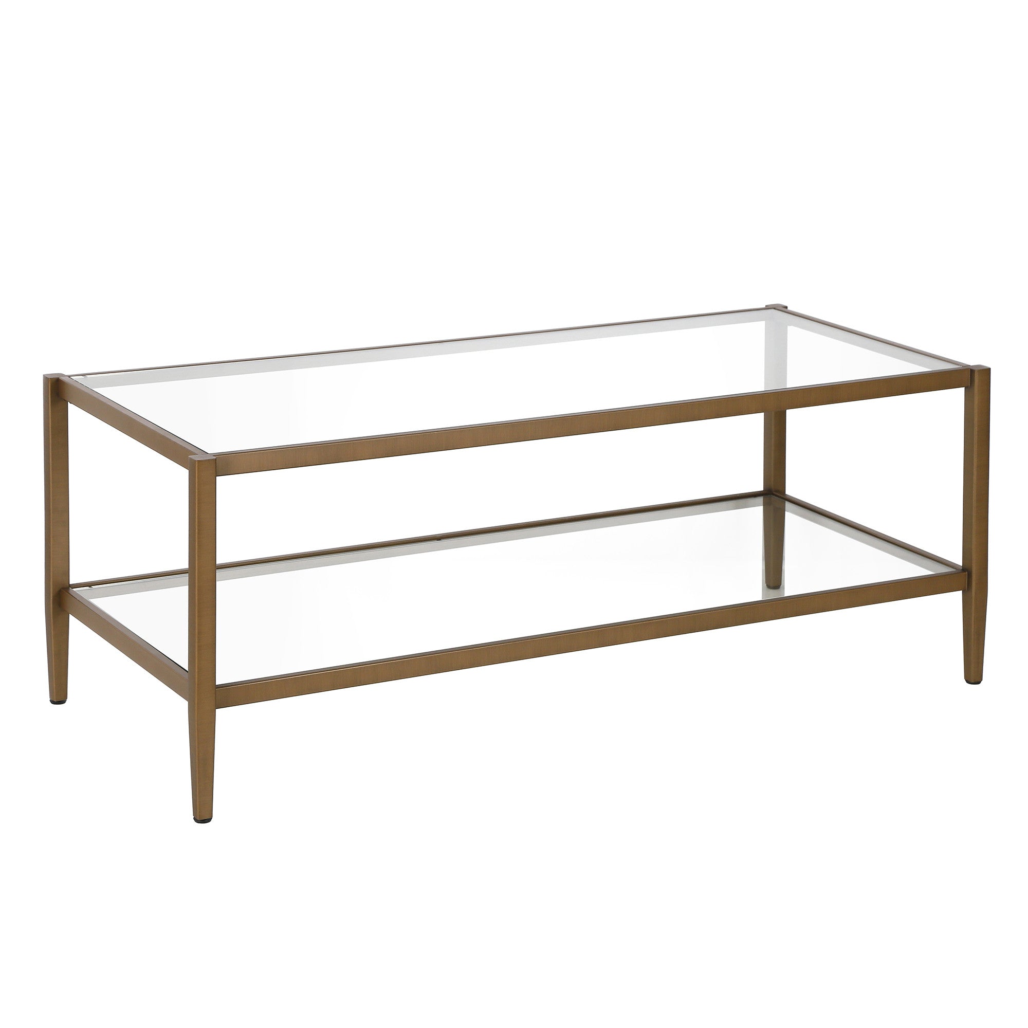 Clear And Antiqued Brass Glass And Metal Coffee Table With Shelf