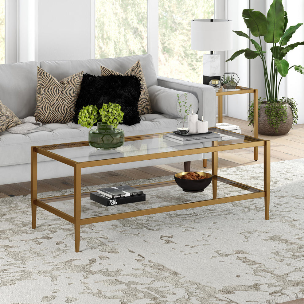 Clear And Antiqued Brass Glass And Metal Coffee Table With Shelf By Homeroots | Coffee Tables | Modishstore - 4