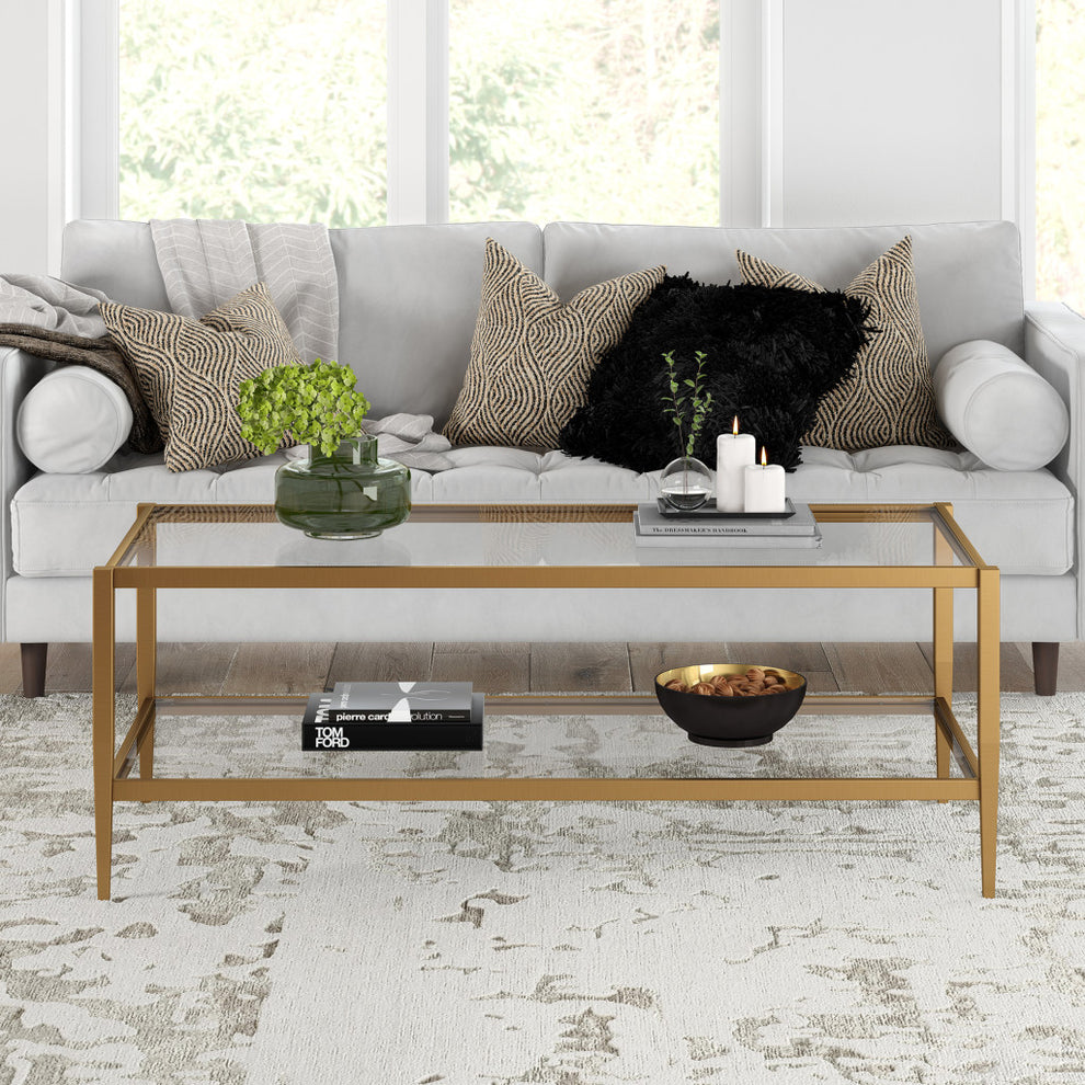 Clear And Antiqued Brass Glass And Metal Coffee Table With Shelf By Homeroots | Coffee Tables | Modishstore - 6