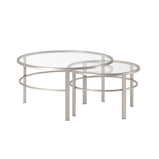 Set of Two Clear and Silver Glass And Steel Round Nested Coffee Tables By Homeroots | Coffee Tables | Modishstore - 1