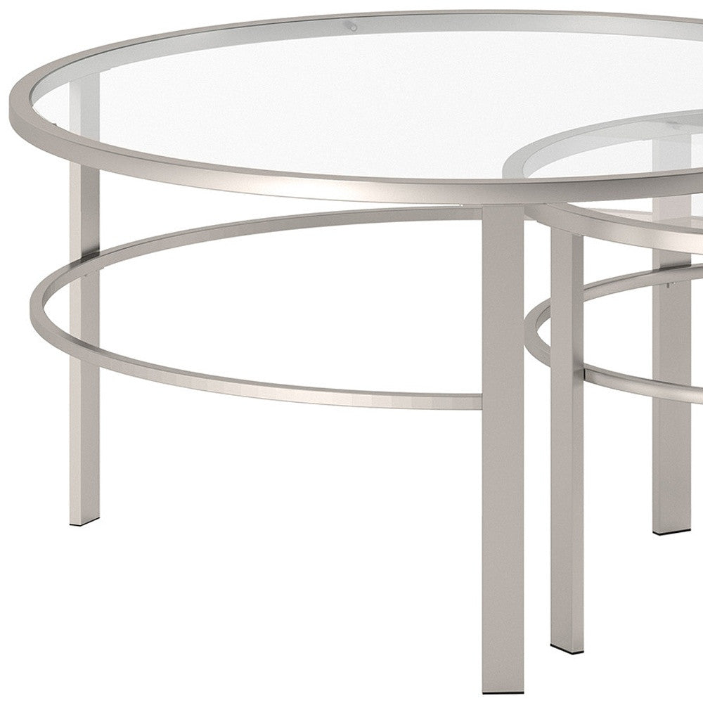 Set of Two Clear and Silver Glass And Steel Round Nested Coffee Tables By Homeroots | Coffee Tables | Modishstore - 4