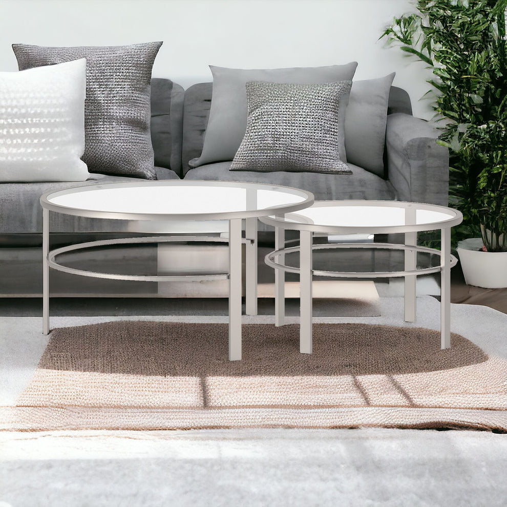 Set of Two Clear and Silver Glass And Steel Round Nested Coffee Tables By Homeroots | Coffee Tables | Modishstore - 7