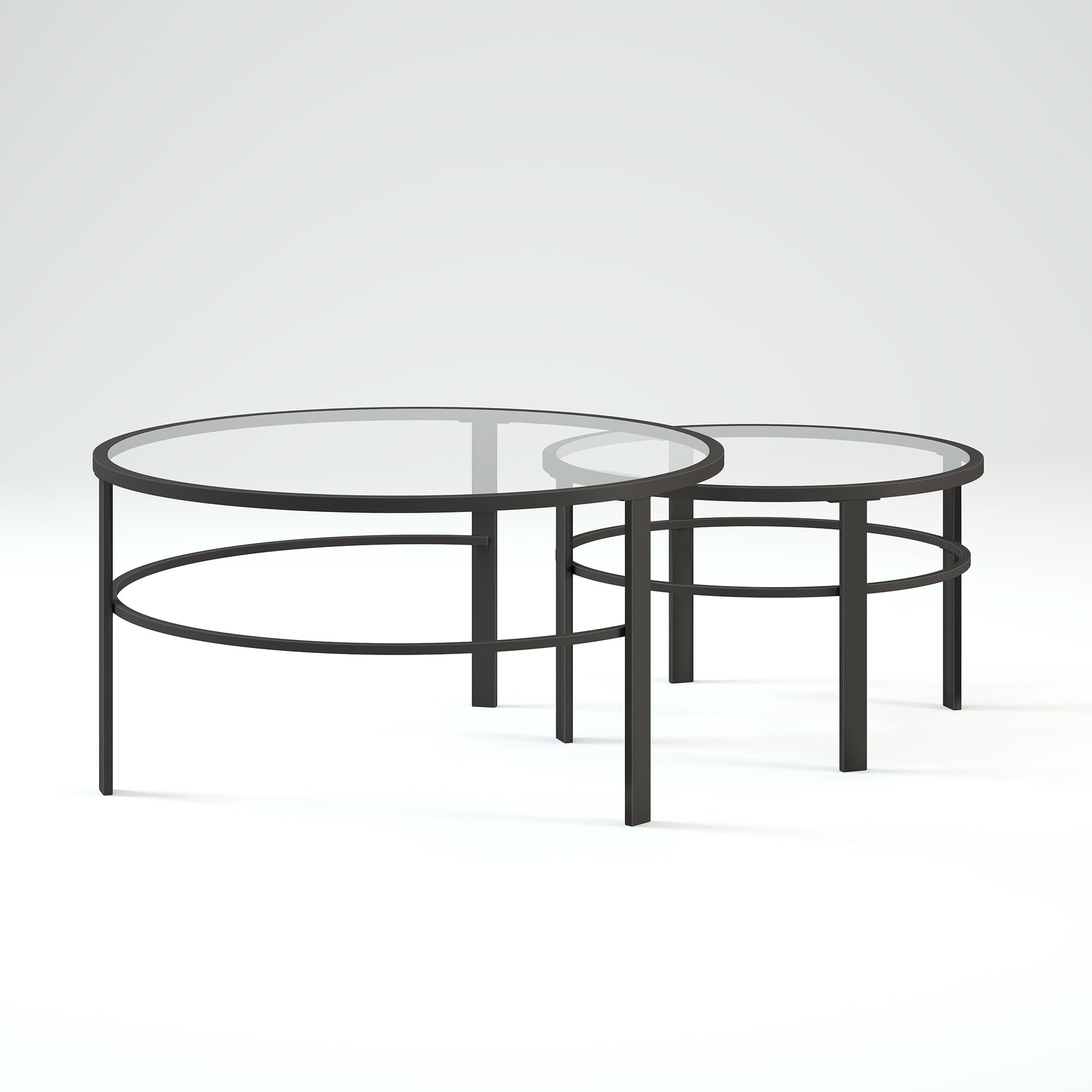 Set of Two Clear and Black Glass and Steel Round Nested Coffee Tables - Thumbnail 3