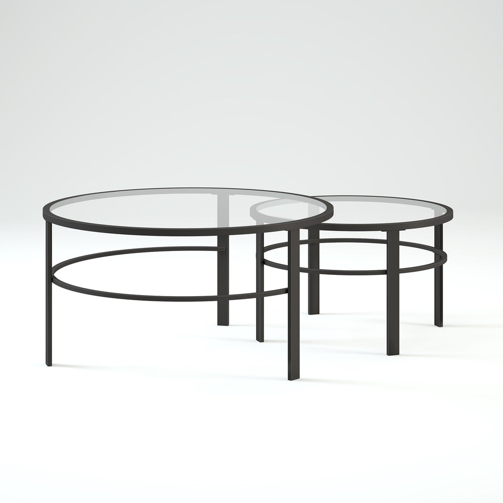 Set of Two Clear And Black Glass And Steel Round Nested Coffee Tables By Homeroots | Coffee Tables | Modishstore - 5