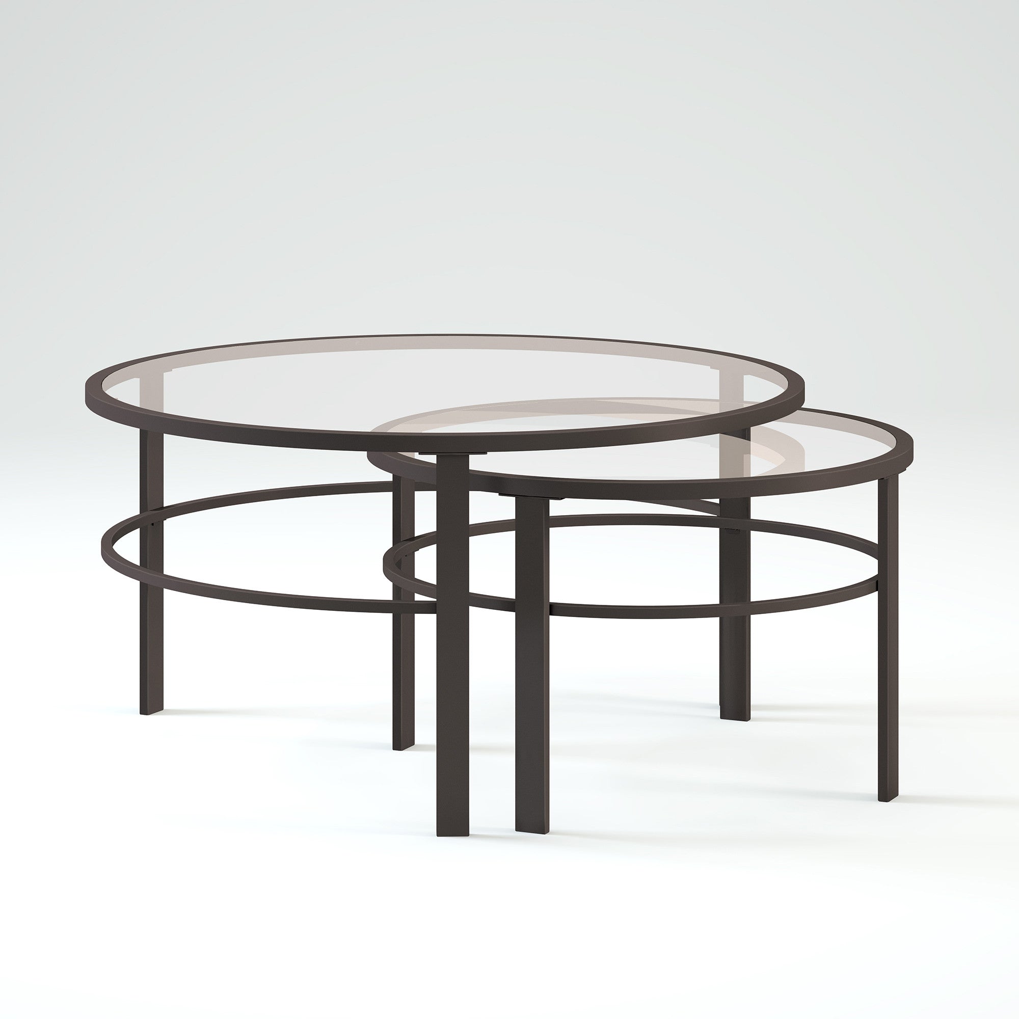 Set of Two Clear and Black Glass and Steel Round Nested Coffee Tables - Thumbnail 2