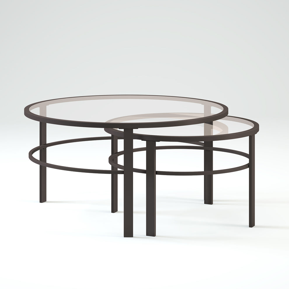 Set of Two Clear And Black Glass And Steel Round Nested Coffee Tables By Homeroots | Coffee Tables | Modishstore - 6