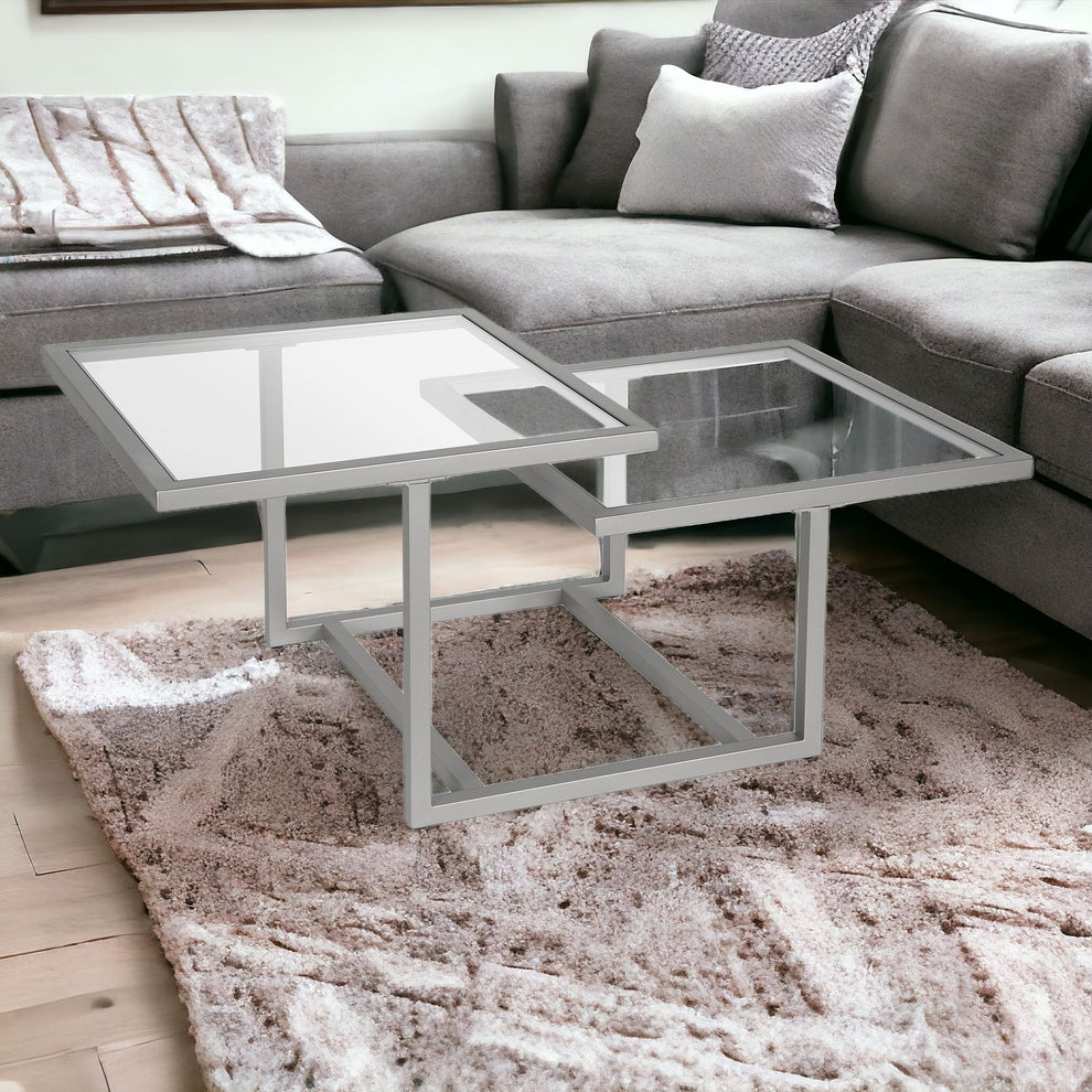 Silver Glass And Steel Square Coffee Table With Two Shelves By Homeroots | Coffee Tables | Modishstore - 7