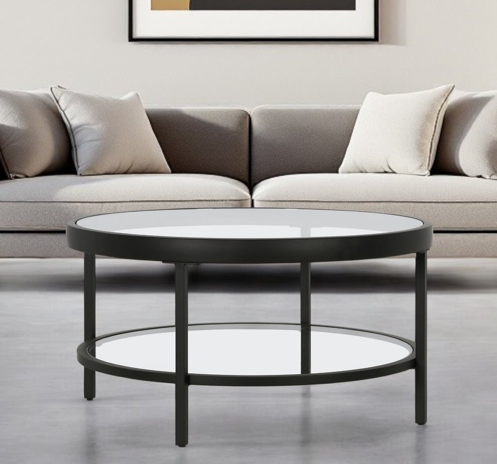 Clear And Black Glass And Steel Round Coffee Table With Shelf By Homeroots | Coffee Tables | Modishstore - 7