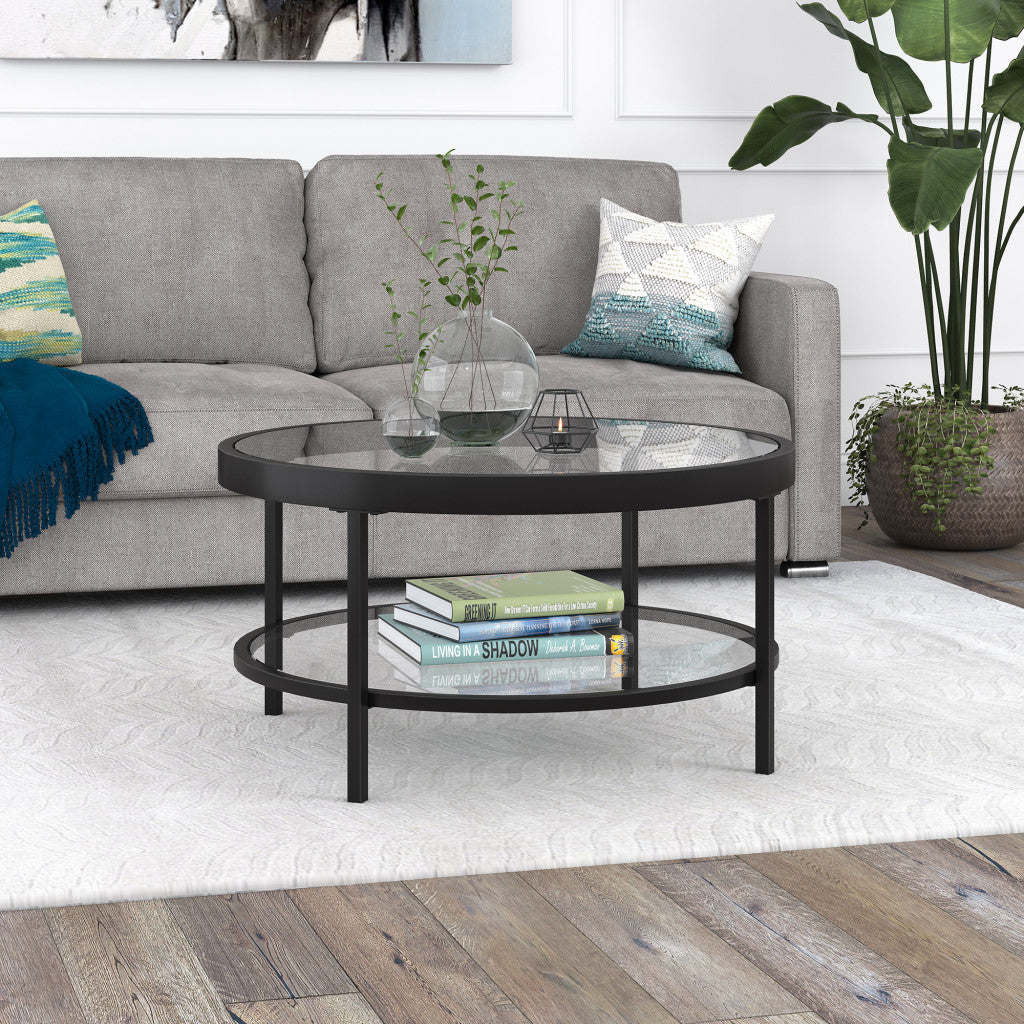 Clear And Black Glass And Steel Round Coffee Table With Shelf By Homeroots | Coffee Tables | Modishstore - 5