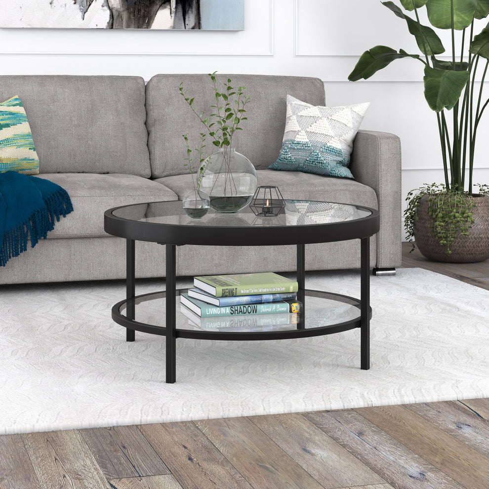 Clear And Black Glass And Steel Round Coffee Table With Shelf By Homeroots | Coffee Tables | Modishstore - 5