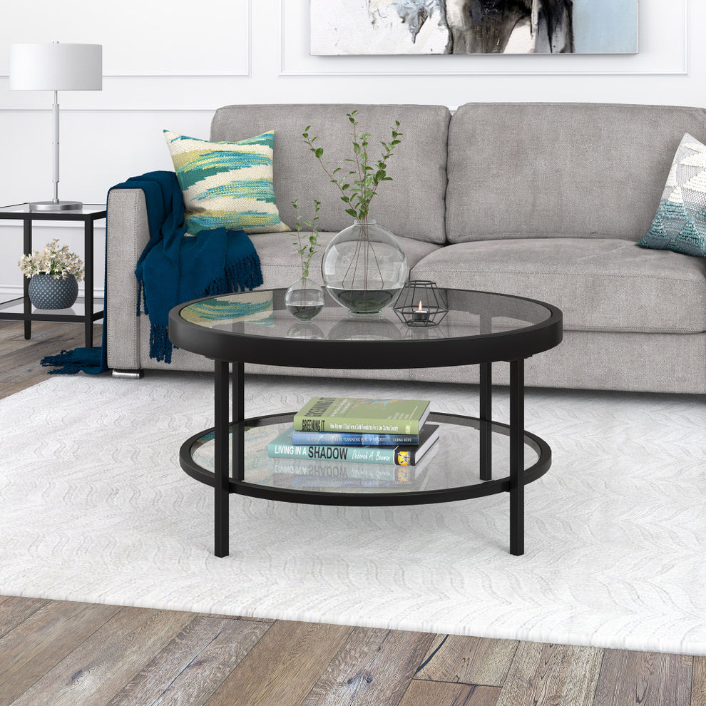 Clear And Black Glass And Steel Round Coffee Table With Shelf By Homeroots | Coffee Tables | Modishstore - 8