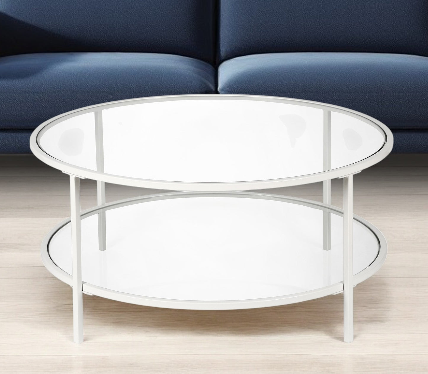 White Glass And Steel Round Coffee Table With Shelf By Homeroots | Coffee Tables | Modishstore - 1
