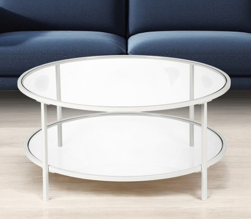White Glass And Steel Round Coffee Table With Shelf By Homeroots | Coffee Tables | Modishstore - 1