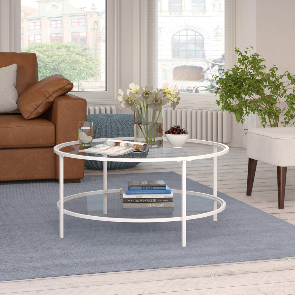 White Glass And Steel Round Coffee Table With Shelf By Homeroots | Coffee Tables | Modishstore - 3
