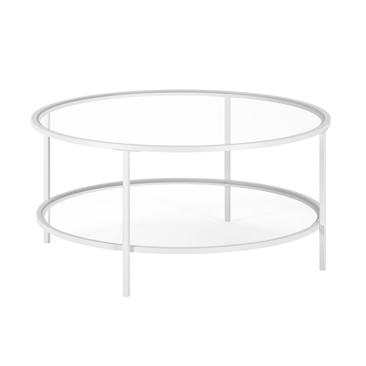 White Glass And Steel Round Coffee Table With Shelf By Homeroots | Coffee Tables | Modishstore - 2