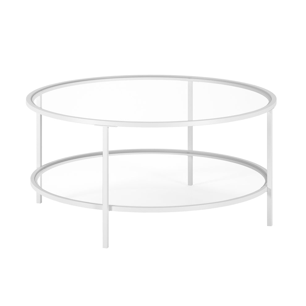 White Glass And Steel Round Coffee Table With Shelf By Homeroots | Coffee Tables | Modishstore - 2