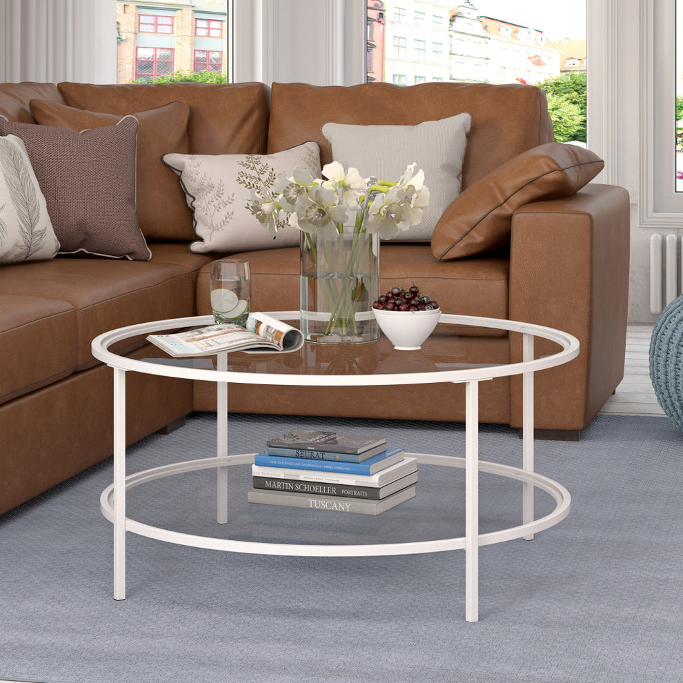 White Glass And Steel Round Coffee Table With Shelf By Homeroots | Coffee Tables | Modishstore - 7