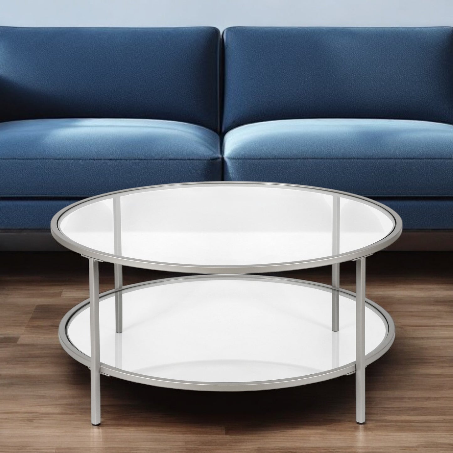 Silver Glass And Steel Round Coffee Table With Shelf By Homeroots | Coffee Tables | Modishstore - 1