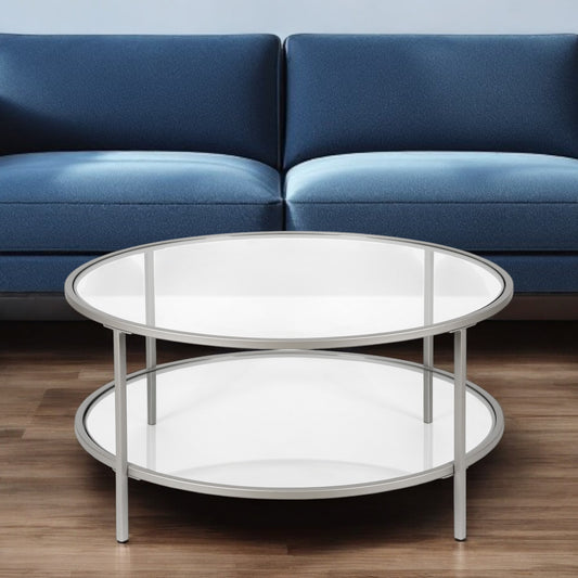 Silver Glass And Steel Round Coffee Table With Shelf By Homeroots | Coffee Tables | Modishstore - 1