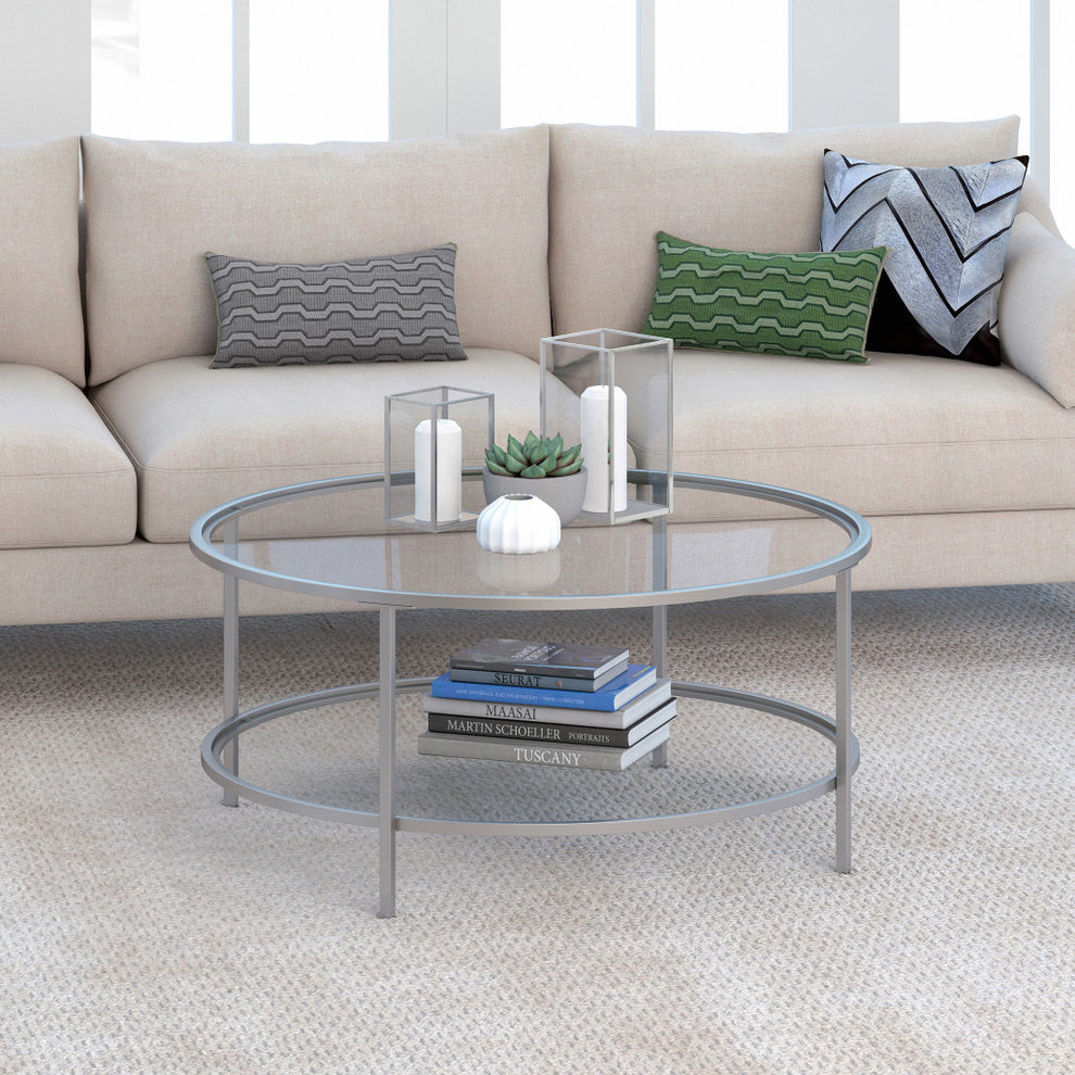 Silver Glass And Steel Round Coffee Table With Shelf By Homeroots | Coffee Tables | Modishstore - 3