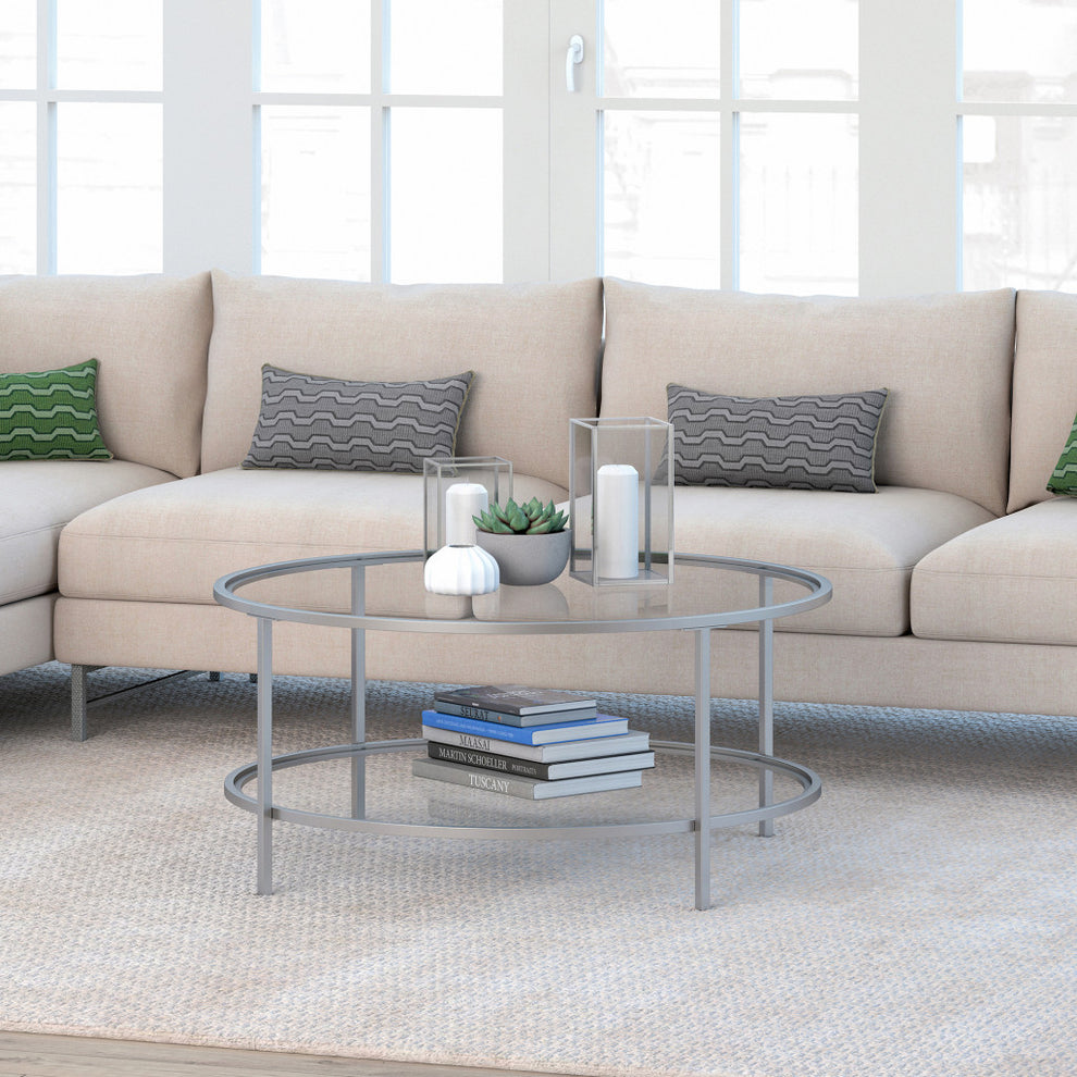 Silver Glass And Steel Round Coffee Table With Shelf By Homeroots | Coffee Tables | Modishstore - 7