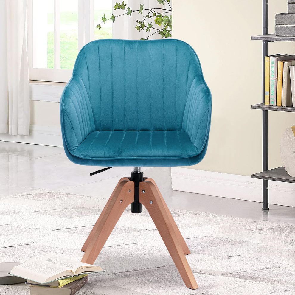 Tufted Teal Blue And Natural Velvet and Wood Dining Arm Chair By Homeroots | Dining Chairs | Modishstore - 3